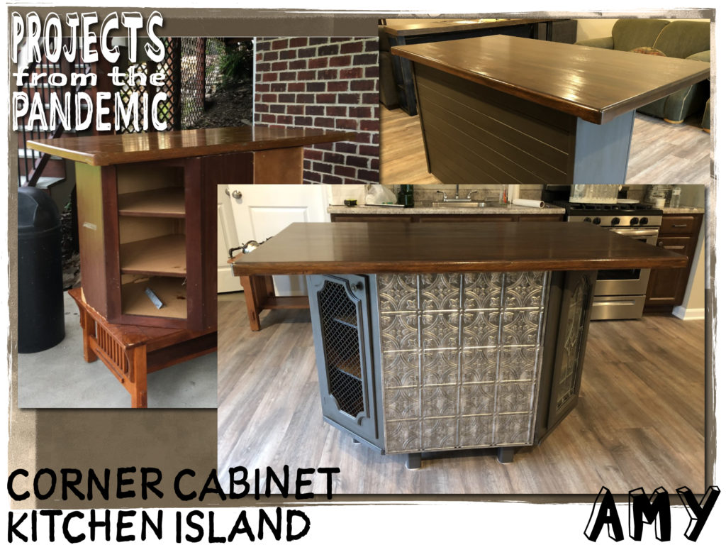 Corner Cabinet Kitchen Island - Submitted by Amy - A little ingenuity transformed this coffee table, two kitchen cabinets, a top and some stylish details into a repurposed kitchen island.