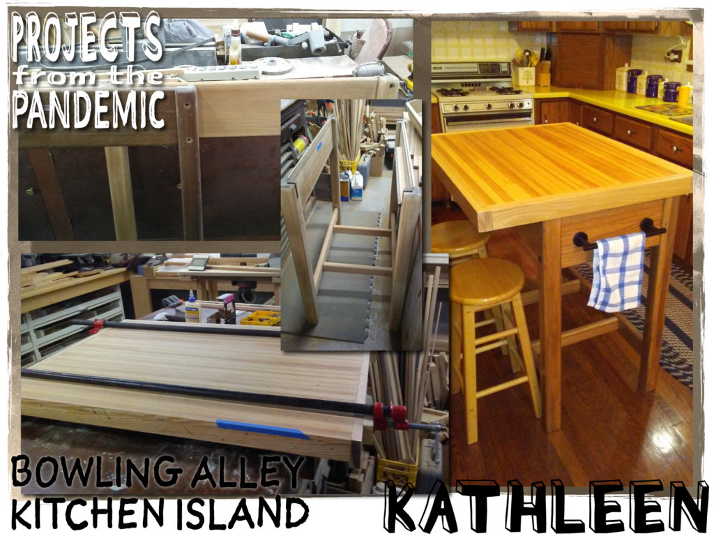 Bowling Alley Kitchen Island - Submitted by Kathleen - Never underestimate what can be accomplished with a slab of bowling lane and an old drafting table.