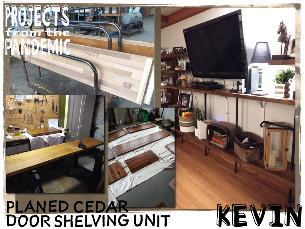 Planed Cedar Shelving Unit - Submitted by Kevin - Custom built shelving system with planed doors and pipe.