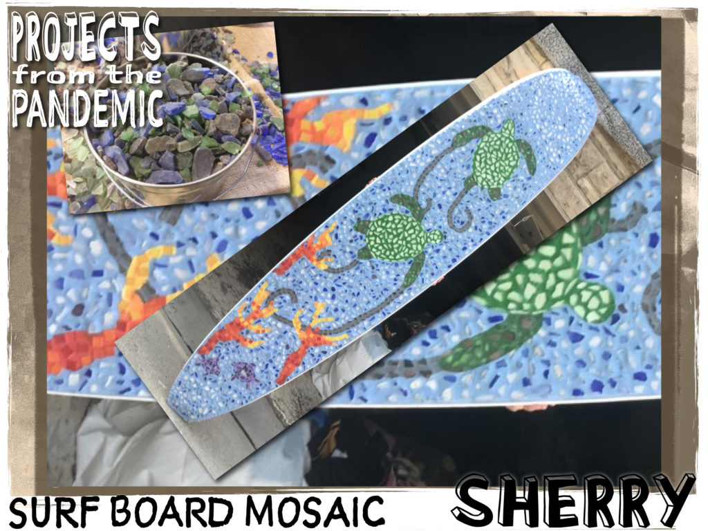 Surf Board Mosaic - Submitted by Sherry - This recycled glass mosaic with a sea turtle design was created for a bathroom remodel.