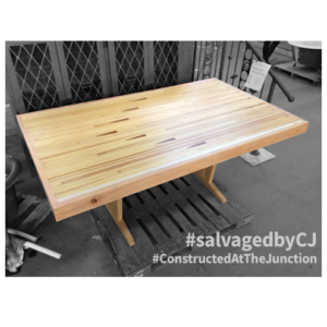 Salvaged bowling lane table project.