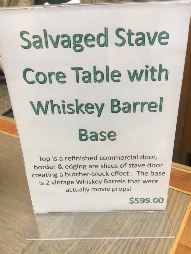Salvaged Stave Core Table with Whiskey Barrel Base