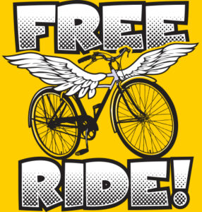 Free Ride winged bicycle logo, black and white on yellow background.