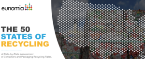 Header image for Eunomia study: The 50 States of Recycling - A State by State Assessment of Containers and Packaging Rate Recycling. Text with an image of the continental US made up of white dots over a back background and a photo of stack of compacted recycling material.