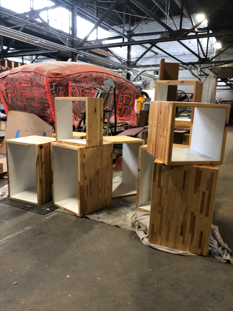 Finished display pedestals in the shop at Construction Junction.