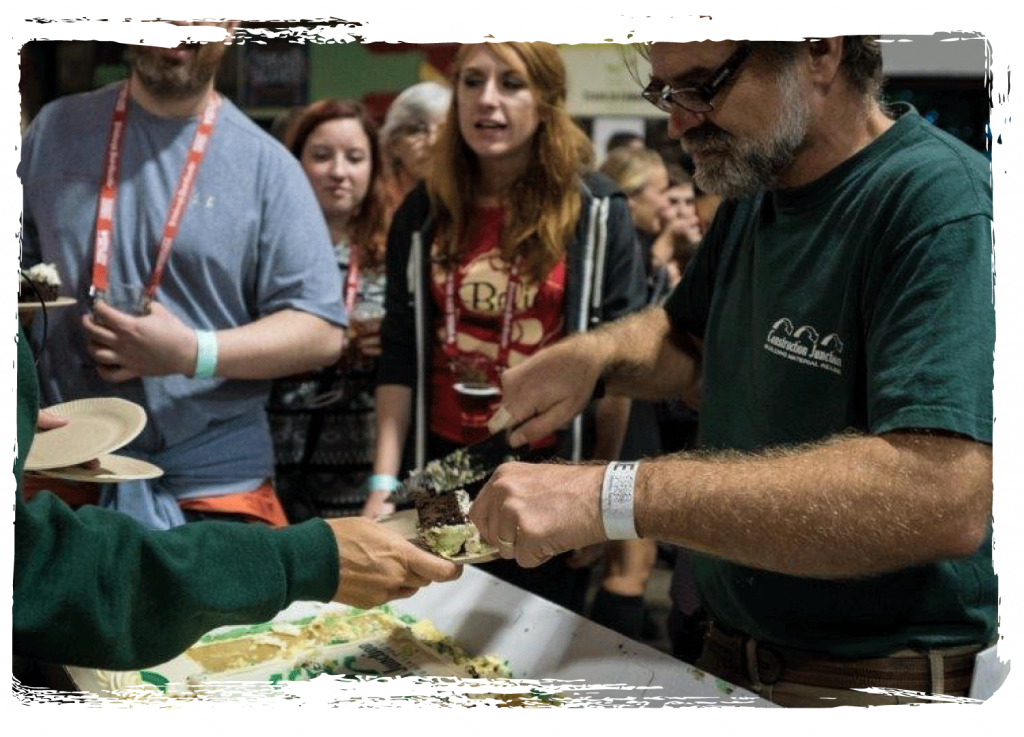 BigPourCJ15ServingCake Serving birthday cake for CJ's 15th anniversary at the Big Pour
