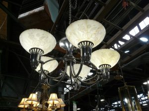 5 Arm Nickel Finish Chandelier with Iridescent Milk Glass Globes - Repaired